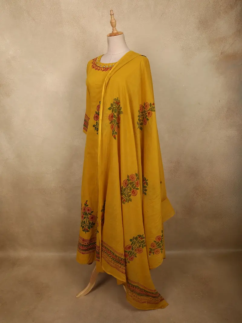 Rich Mustard Marigold Yellow Floral Thread Embroidered Design Cotton Palazzo Suit 3