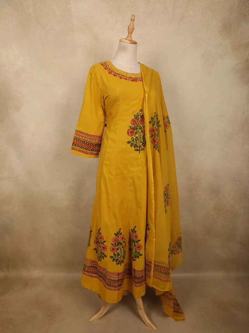 Rich Mustard Marigold Yellow Floral Thread Embroidered Design Cotton Palazzo Suit 4