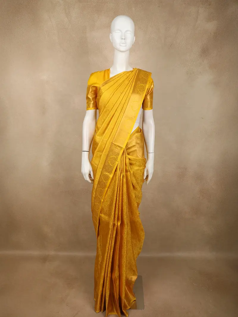 Rich Mustard Marigold Yellow Floral Zari Woven Design Pure Kanchipuram Silk Saree With Zari Border 1