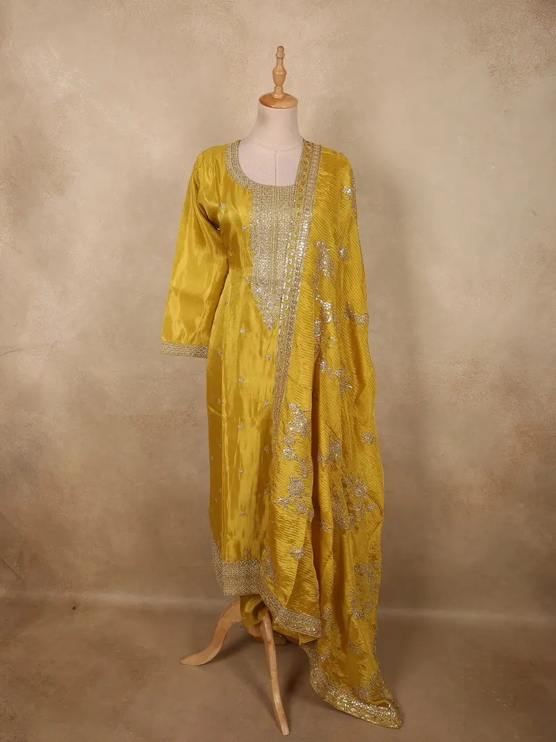 Rich Mustard Marigold Yellow Sequins And Zari Embroidered Design Silk Salwar Suit With Dupatta 1
