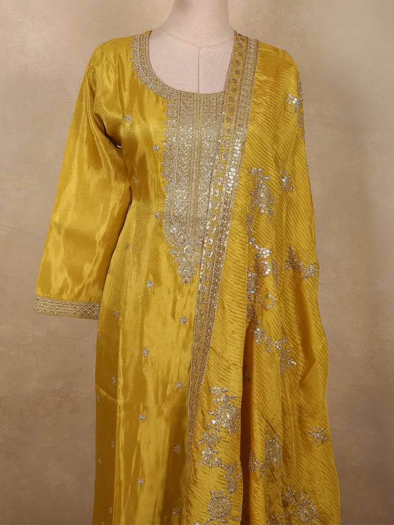 Rich Mustard Marigold Yellow Sequins And Zari Embroidered Design Silk Salwar Suit With Dupatta 2