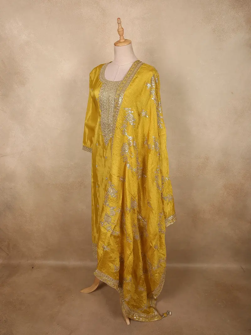 Rich Mustard Marigold Yellow Sequins And Zari Embroidered Design Silk Salwar Suit With Dupatta 3