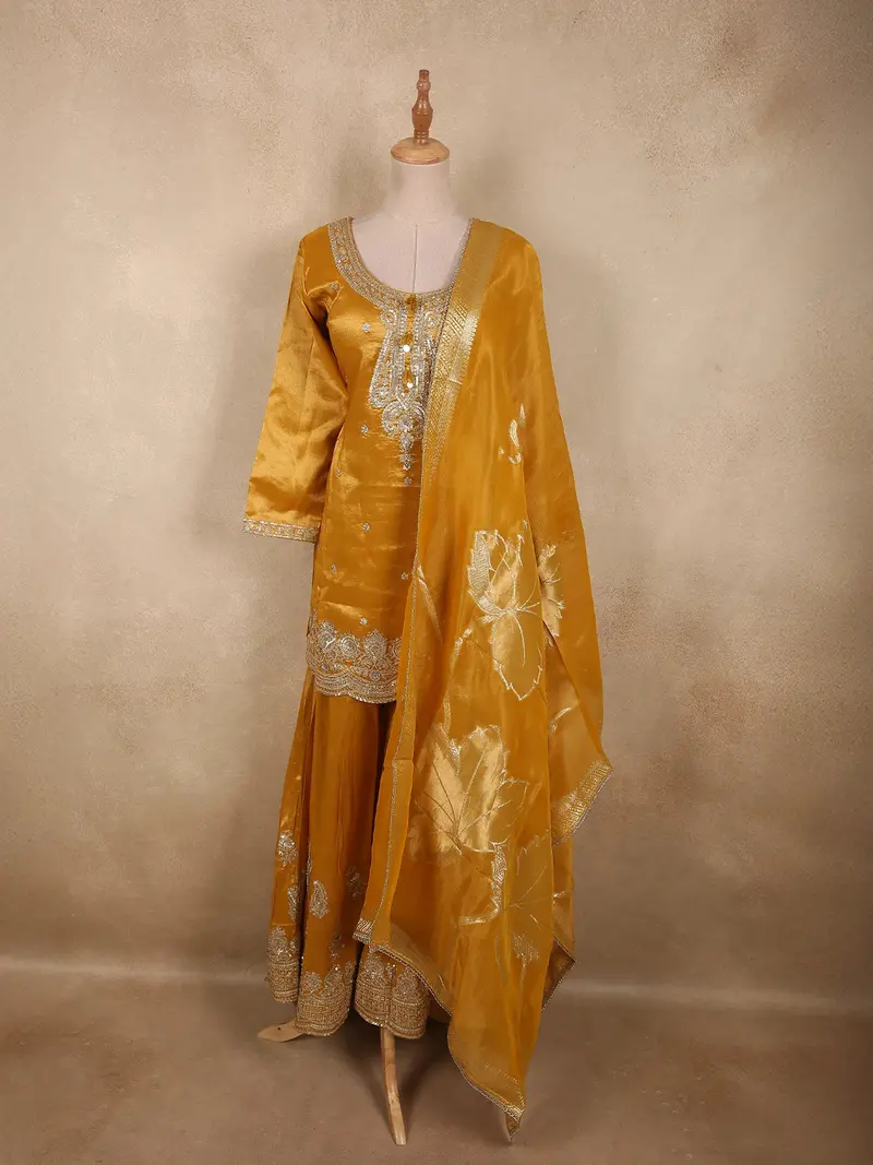 Rich Mustard Marigold Yellow Sequins Embroidered Design Tissue Silk Salwar Palazzo Suit With Dupatta 1