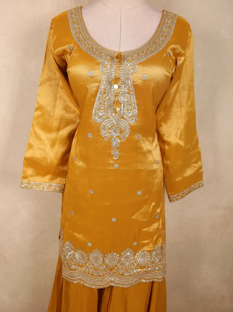 Rich Mustard Marigold Yellow Sequins Embroidered Design Tissue Silk Salwar Palazzo Suit With Dupatta 2