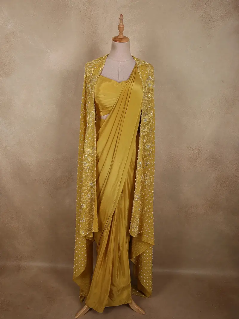 Rich Mustard Marigold Yellow Solid Design Crepe Ready To Wear Saree With Embroidered Cape 1