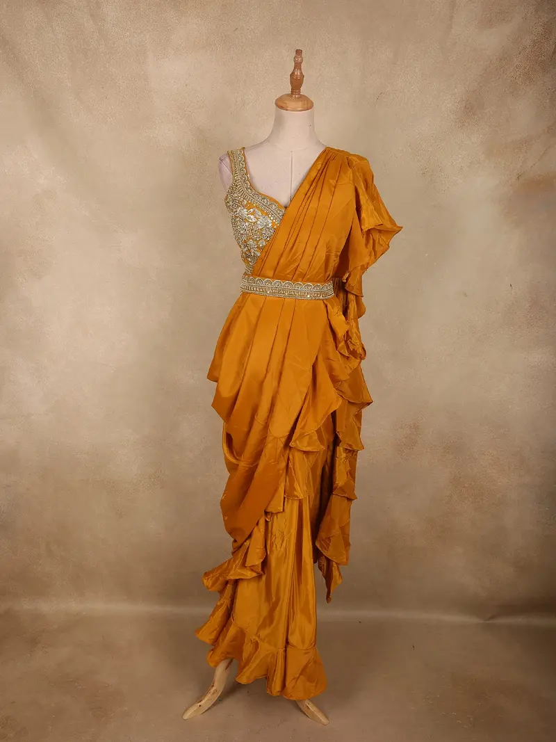 Rich Mustard Marigold Yellow Solid Design Satin Ready To Wear Saree With Designer Blouse 1