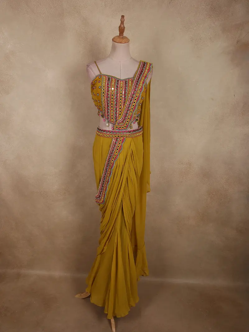 Rich Mustard Olive Yellow Solid Design Georgette Ready To Wear Draped Saree With Designer Blouse 1