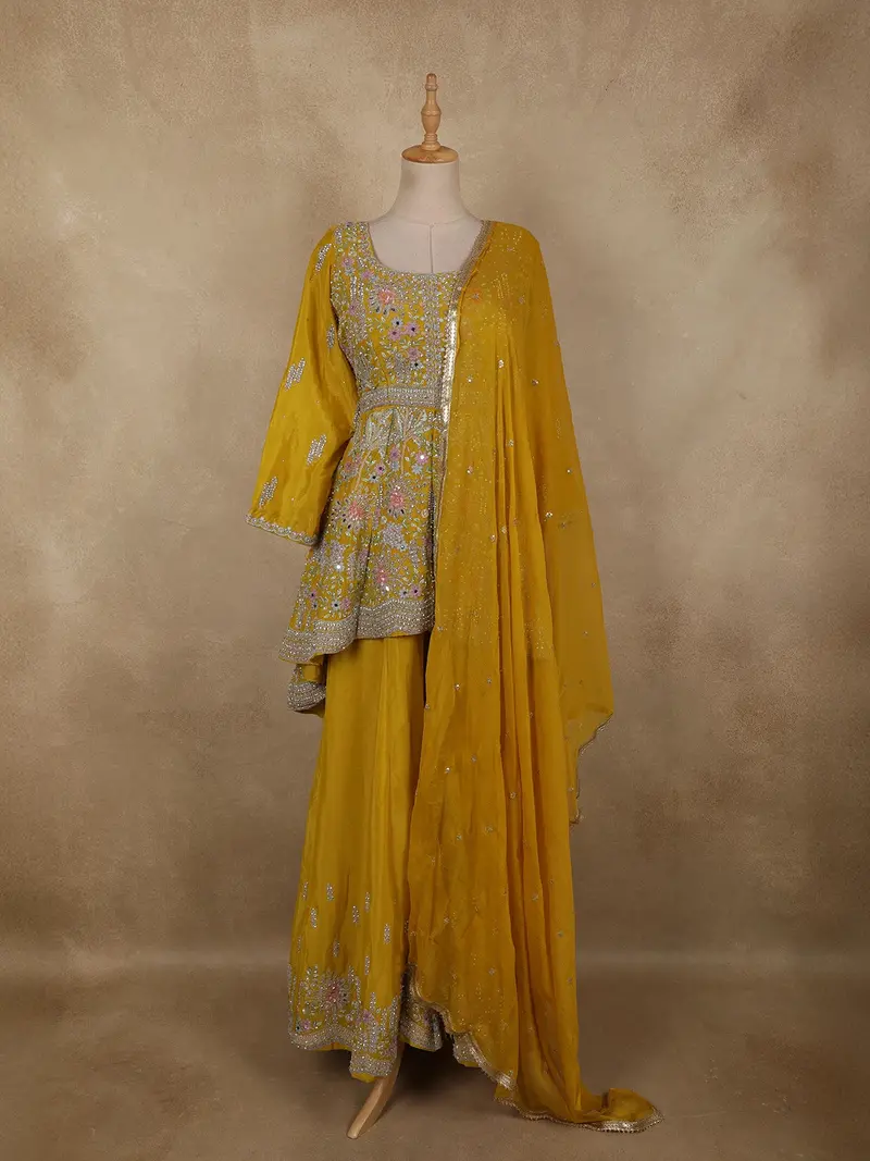 Rich Mustard Yellow Floral Embroidered Design Georgette Peplum Palazzo Suit With Choker Dupatta 1