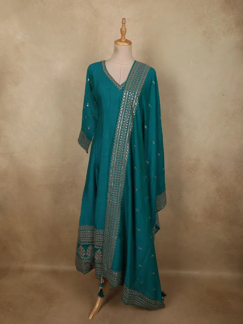 Rich Peacock Teal Blue Sequins Embroidered Design Semi Silk Anarkali Salwar Suit With Designer Dupatta 1