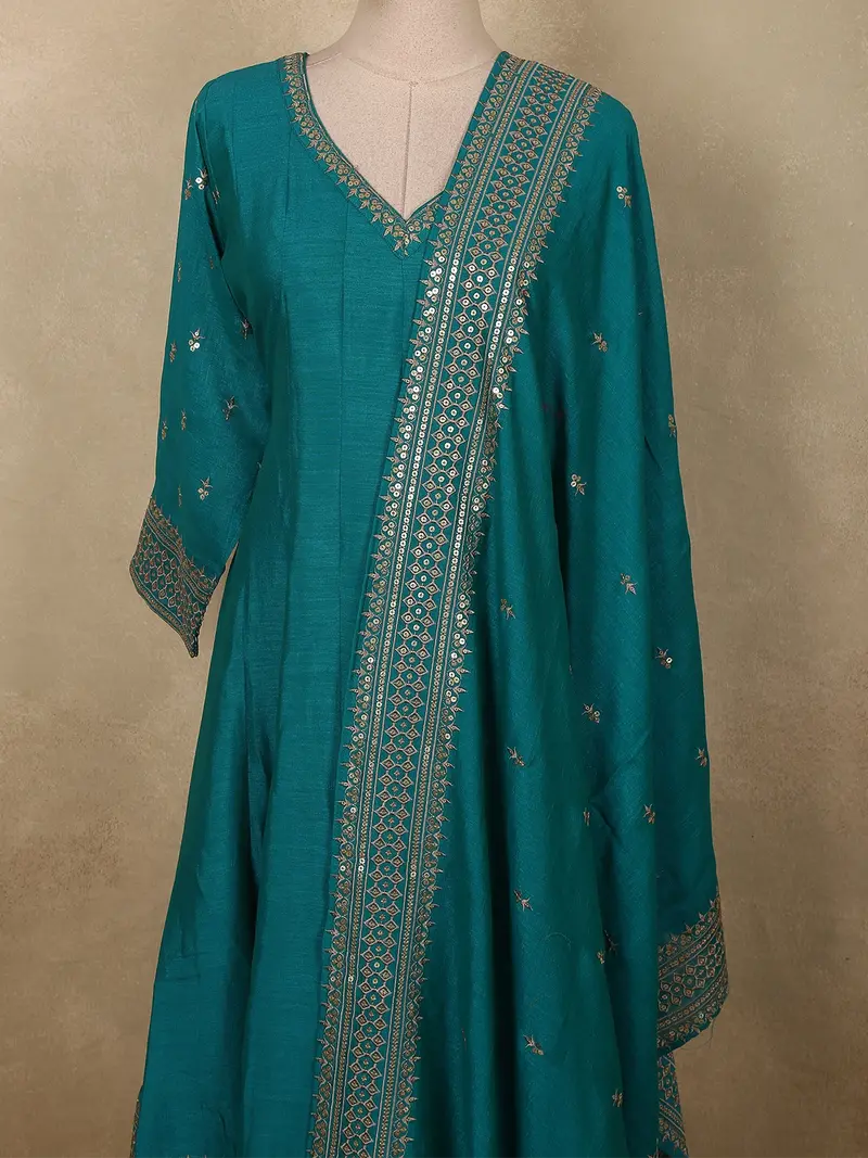 Rich Peacock Teal Blue Sequins Embroidered Design Semi Silk Anarkali Salwar Suit With Designer Dupatta 2