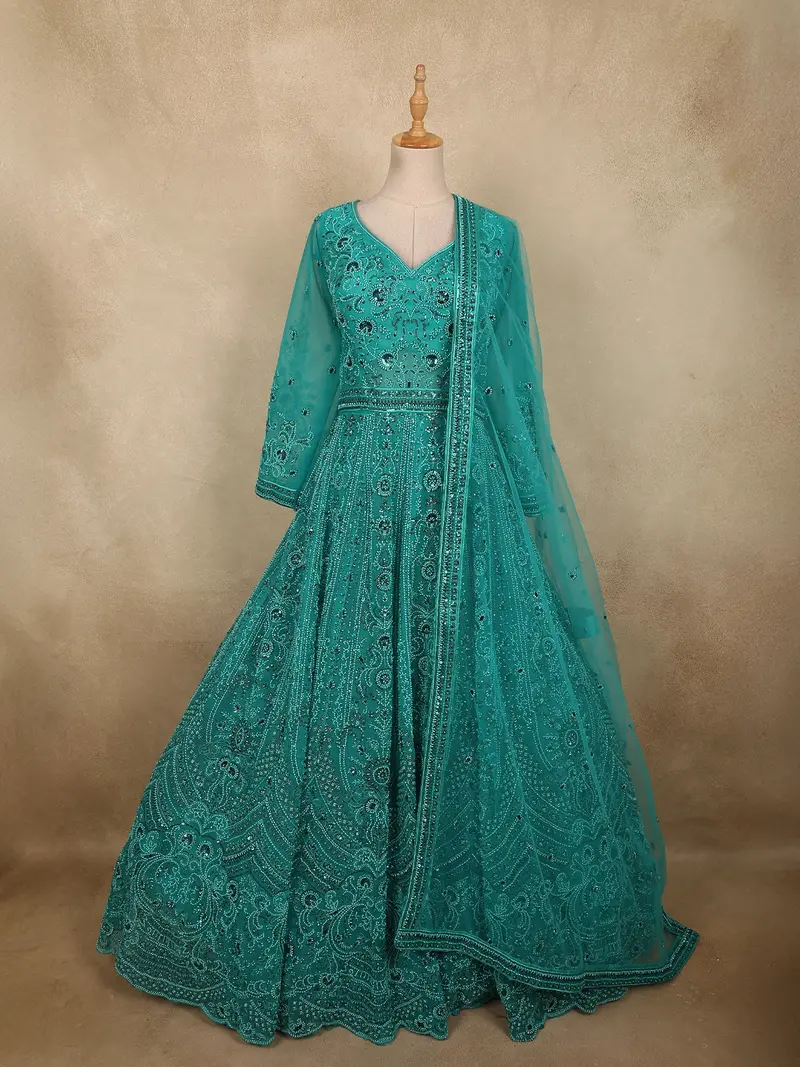 Rich Peacock Teal Green Heavy Sequins And Beads Embroidered Design Net Gown With Net Dupatta 1