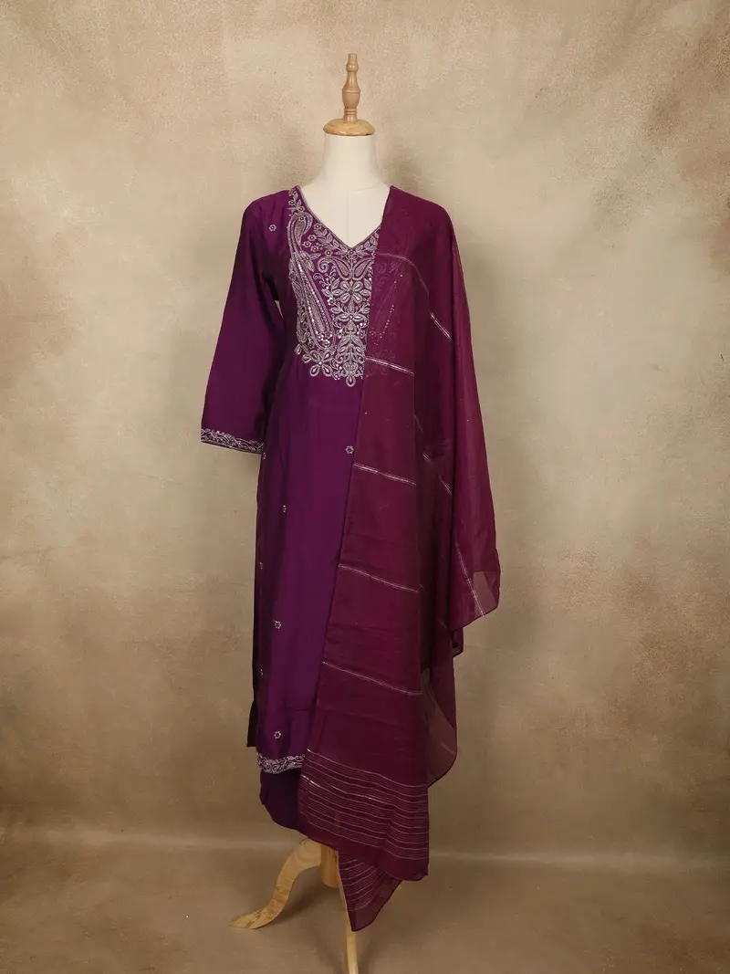 Rich Plum Purple Floral Sequins Embroidered Design Cotton Salwar Suit 1