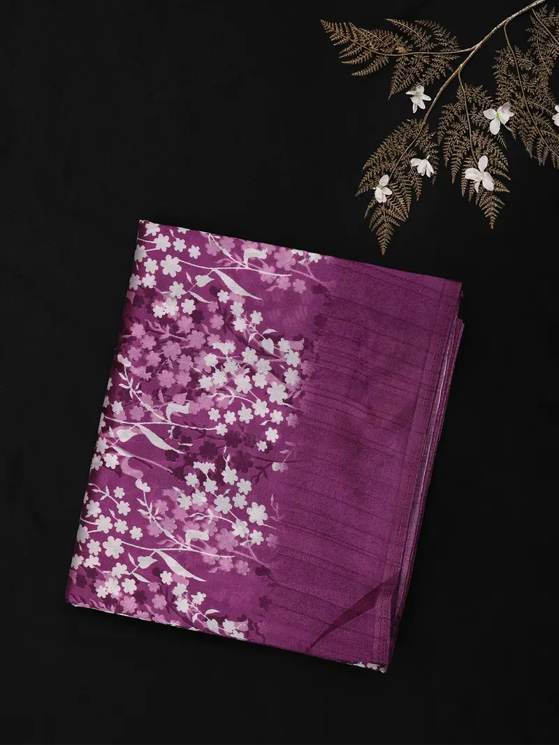 Rich Plum Purple Floral Woven Design Blended Cotton Saree 1