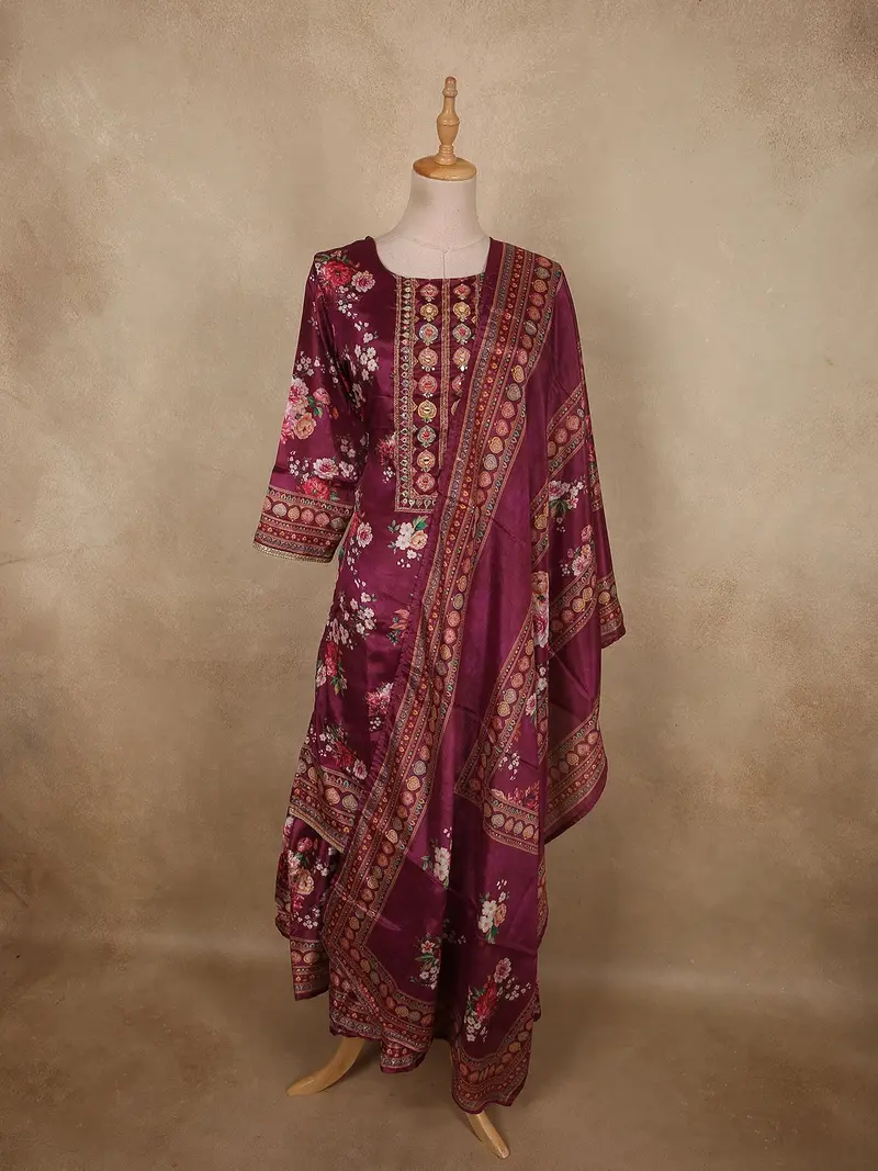 Rich Plum Wine Floral Printed Design Crepe Sharara Salwar Suit With Dupatta 1