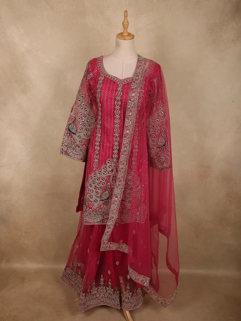 Rich Rani Pink Peacock Zari Embroidered Design Georgette Palazzo Suit With Dupatta 1
