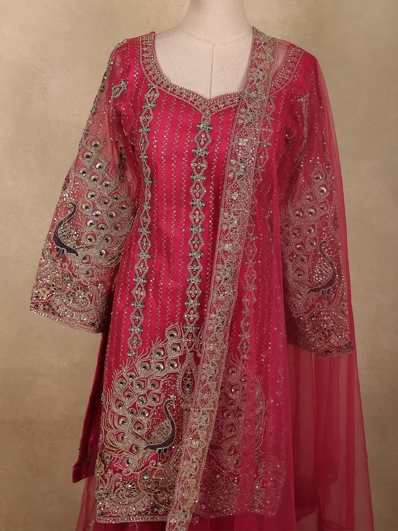 Rich Rani Pink Peacock Zari Embroidered Design Georgette Palazzo Suit With Dupatta 2