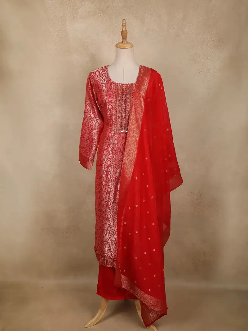 Rich Red Floral Woven Design Banarasi Silk Salwar Suit 1