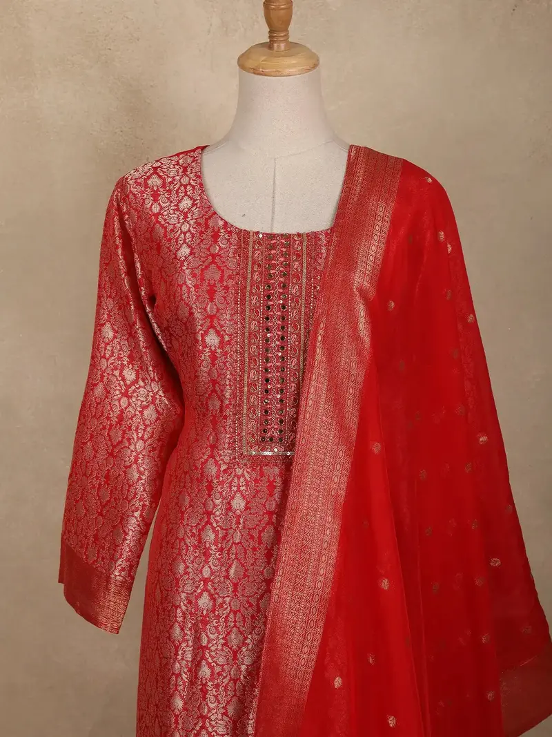 Rich Red Floral Woven Design Banarasi Silk Salwar Suit 2