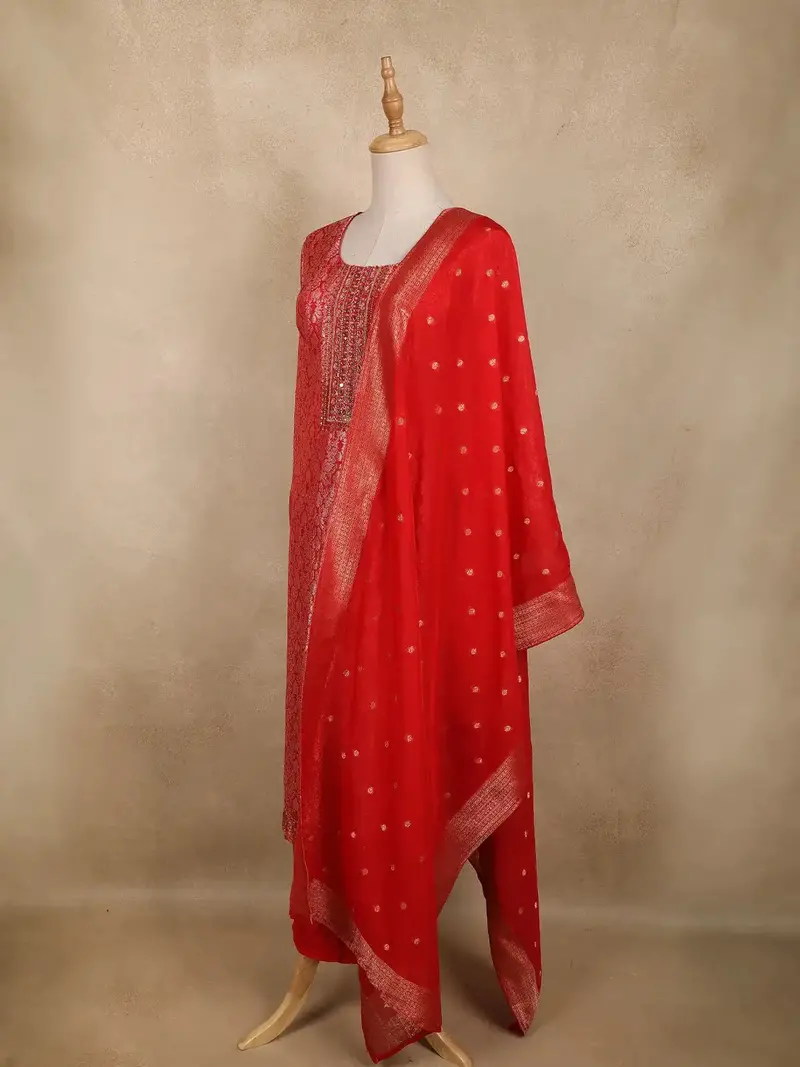Rich Red Floral Woven Design Banarasi Silk Salwar Suit 3