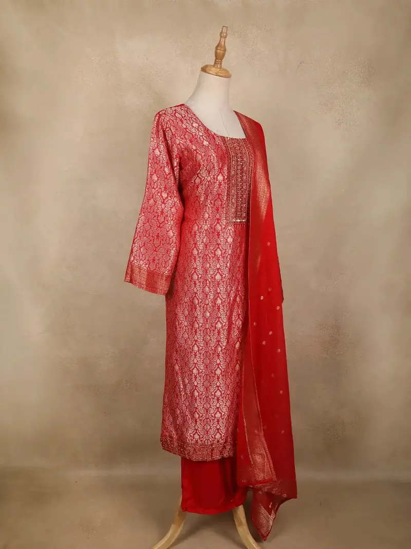 Rich Red Floral Woven Design Banarasi Silk Salwar Suit 4