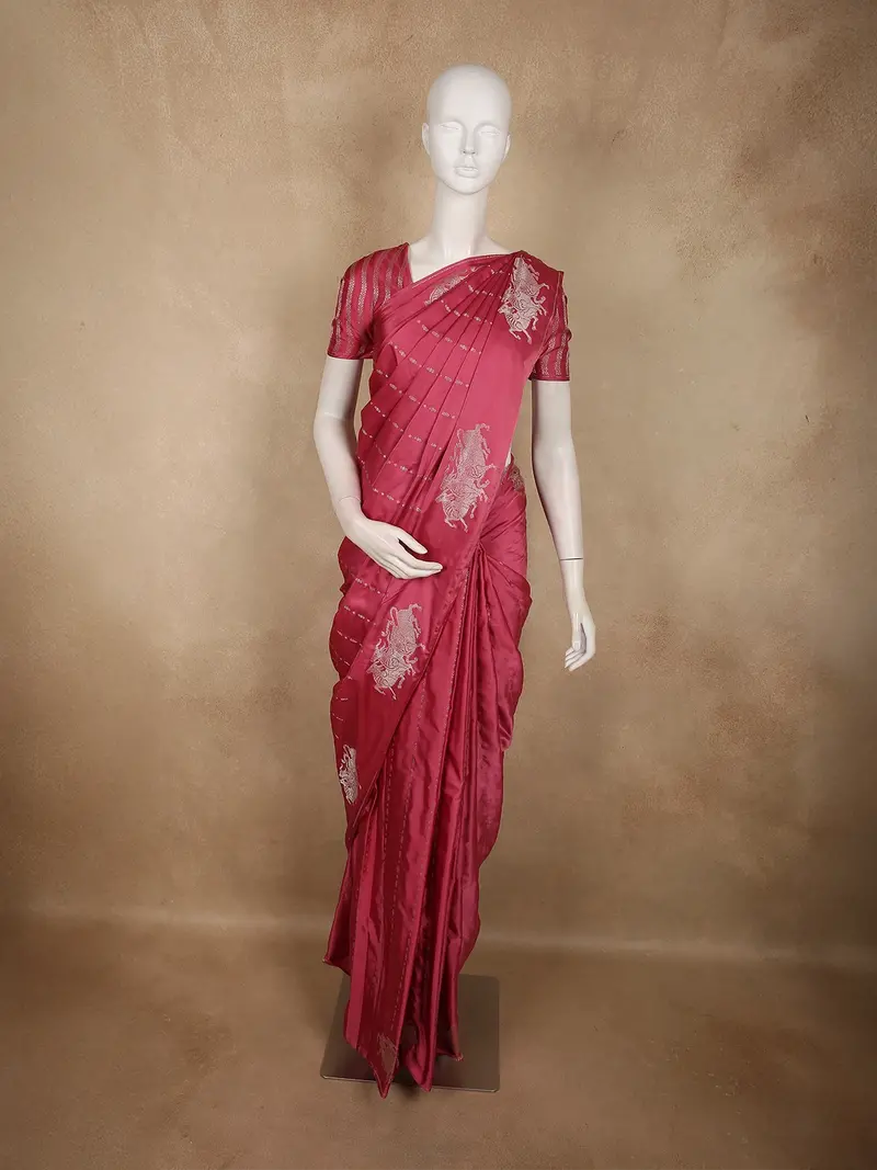 Rich Rosewood Pink Striped Zari Woven Design Semi Banarasi Saree With Animal Motif Border 1