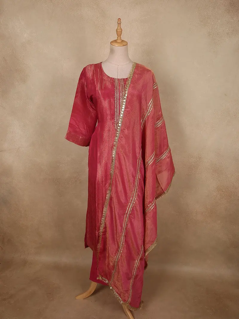 Rich Rosewood Pink Zari Woven Design Tissue Silk Salwar Suit 1