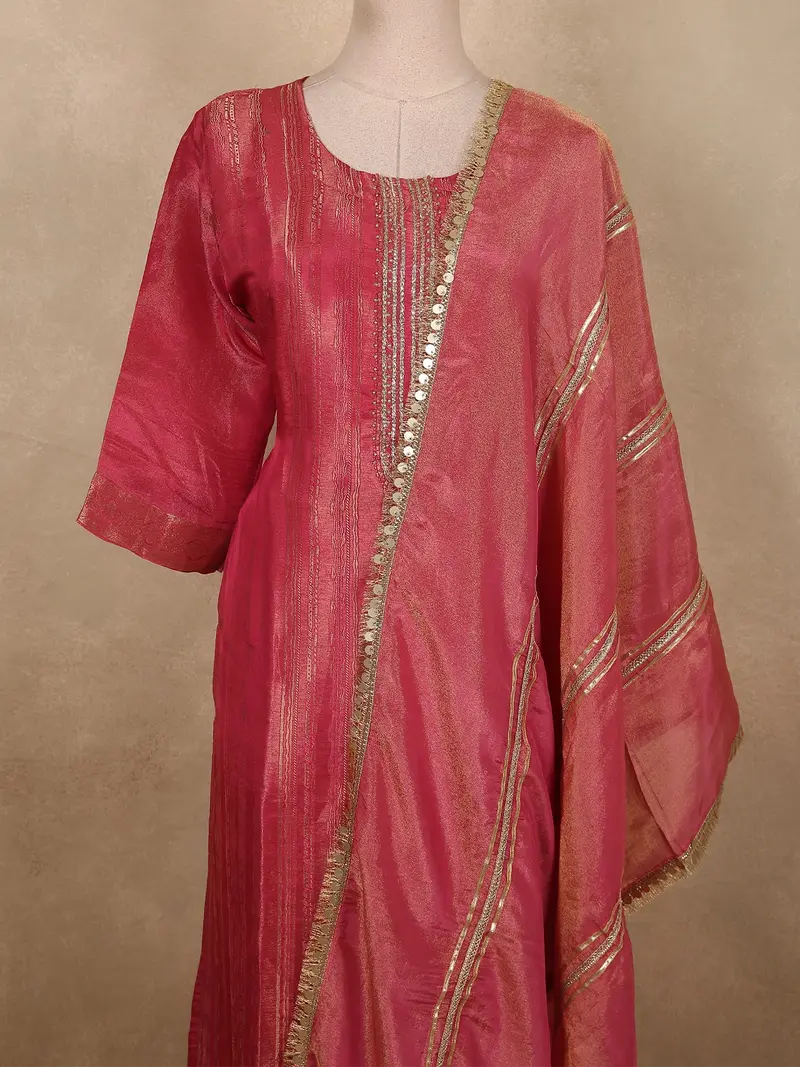 Rich Rosewood Pink Zari Woven Design Tissue Silk Salwar Suit 2