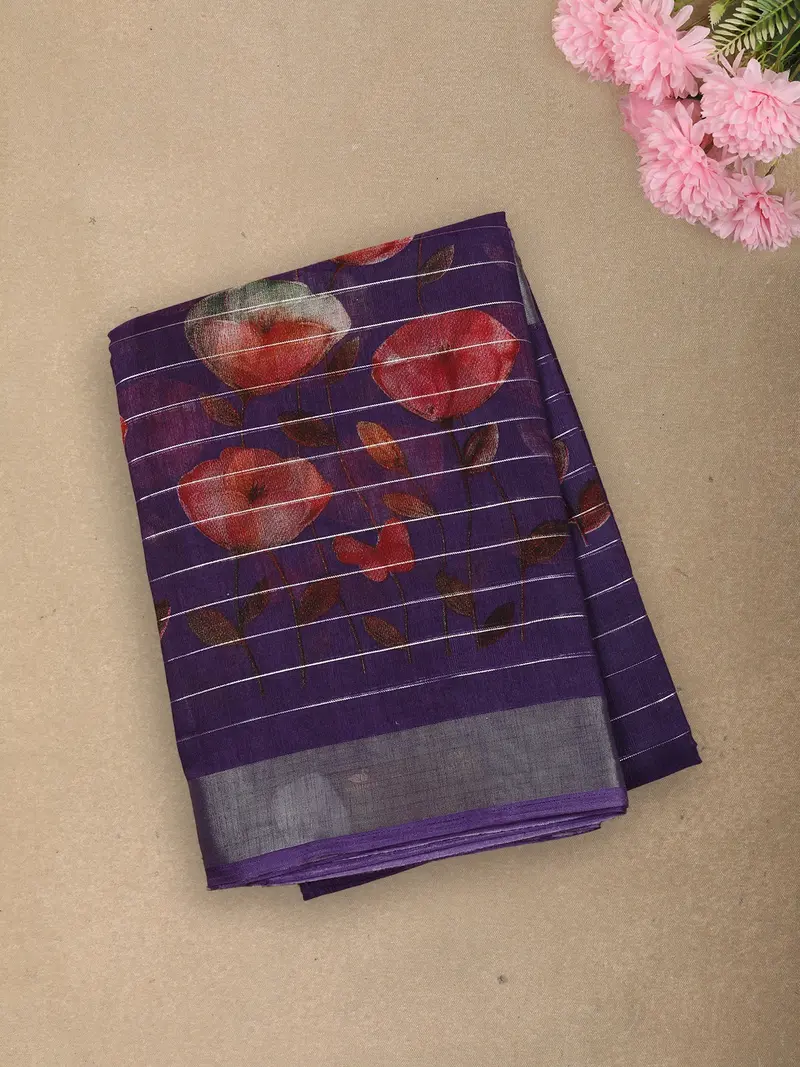 Rich Royal Purple Floral Printed Design Linen Cotton Saree With Zari Border 1