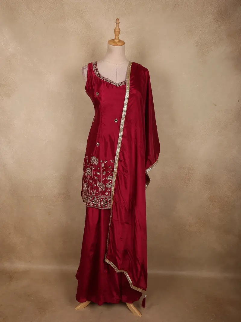 Rich Ruby Wine Red Floral Sequins And Beads Embroidered Design Satin Palazzo Suit With Dupatta 1