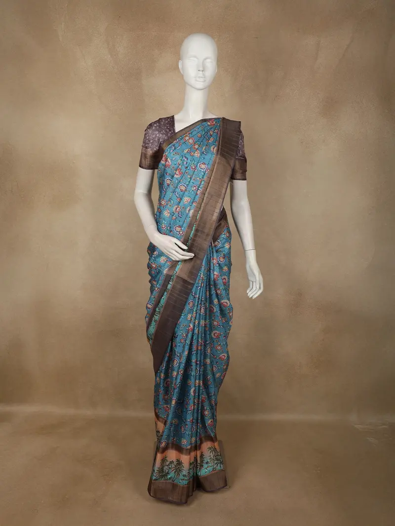 Rich Teal Blue Floral Printed Design Semi Tussar Saree 1