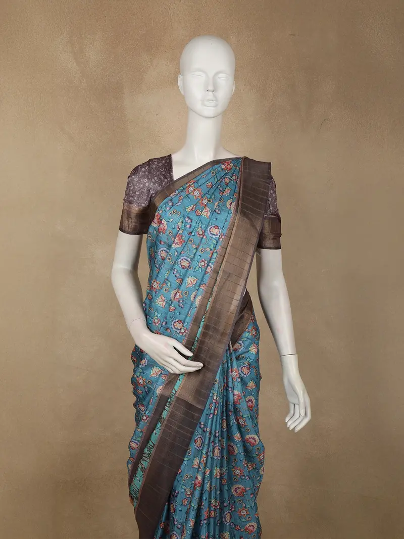 Rich Teal Blue Floral Printed Design Semi Tussar Saree 2
