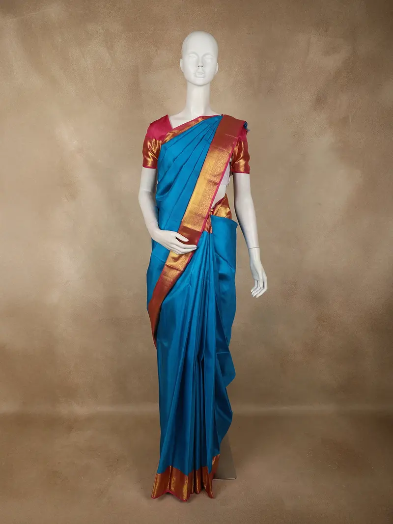 Rich Teal Blue Paisley Solid Woven Design Pure Kanchipuram Silk Saree With Contrast Border 1