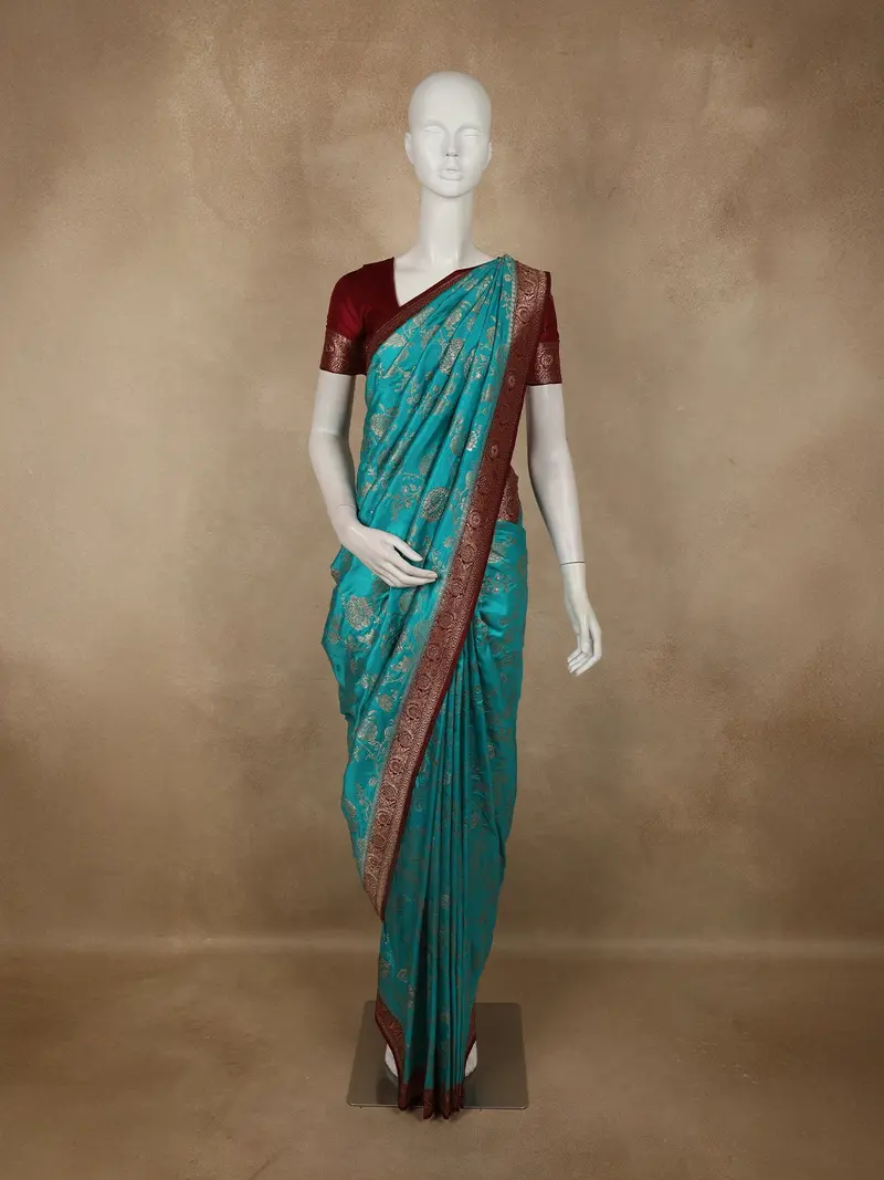 Rich Turquoise Teal Blue Floral  Zari Woven Design Pure Banarasi Designer Saree With Contrast Border 1