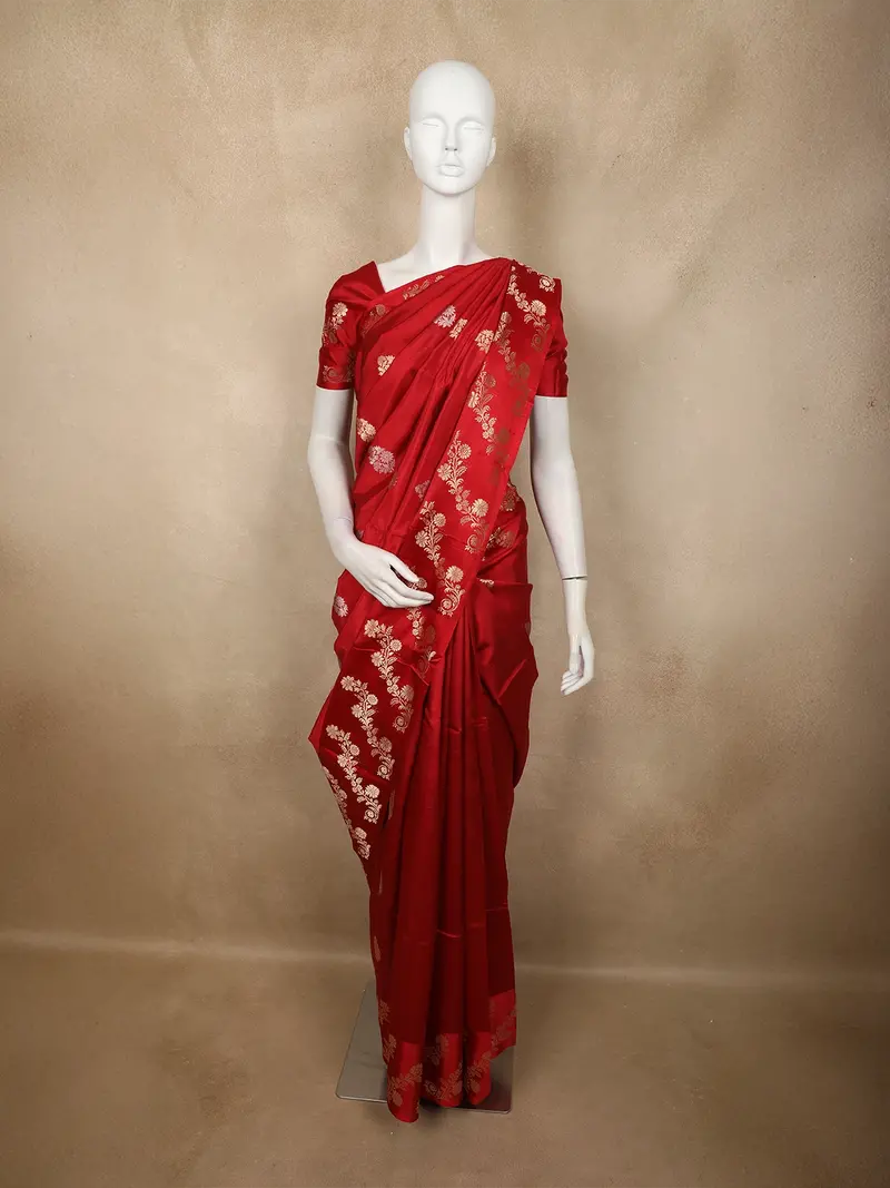 Rich Vermilion Crimson Red Floral Butta Zari Woven Design Pure Banarasi Saree With Floral Vine Zari Border 1
