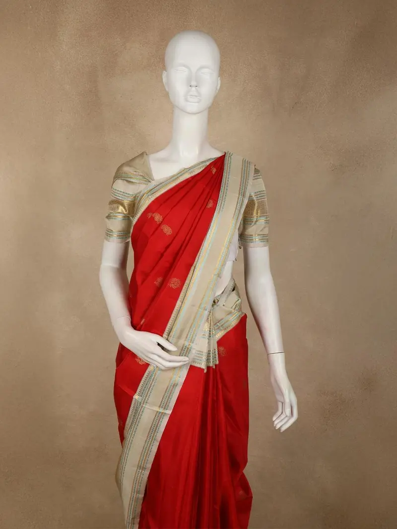 Rich Vermilion Red Butta Woven Design Pure Kanchipuram Silk Saree With Contrast Zari Border 2