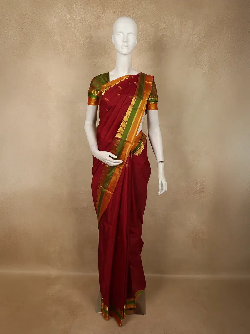 Rich Vermilion Red Butta Zari Woven Design Kanchipuram Silk Saree With Contrast Dual-Tone Paisley Zari Border 1