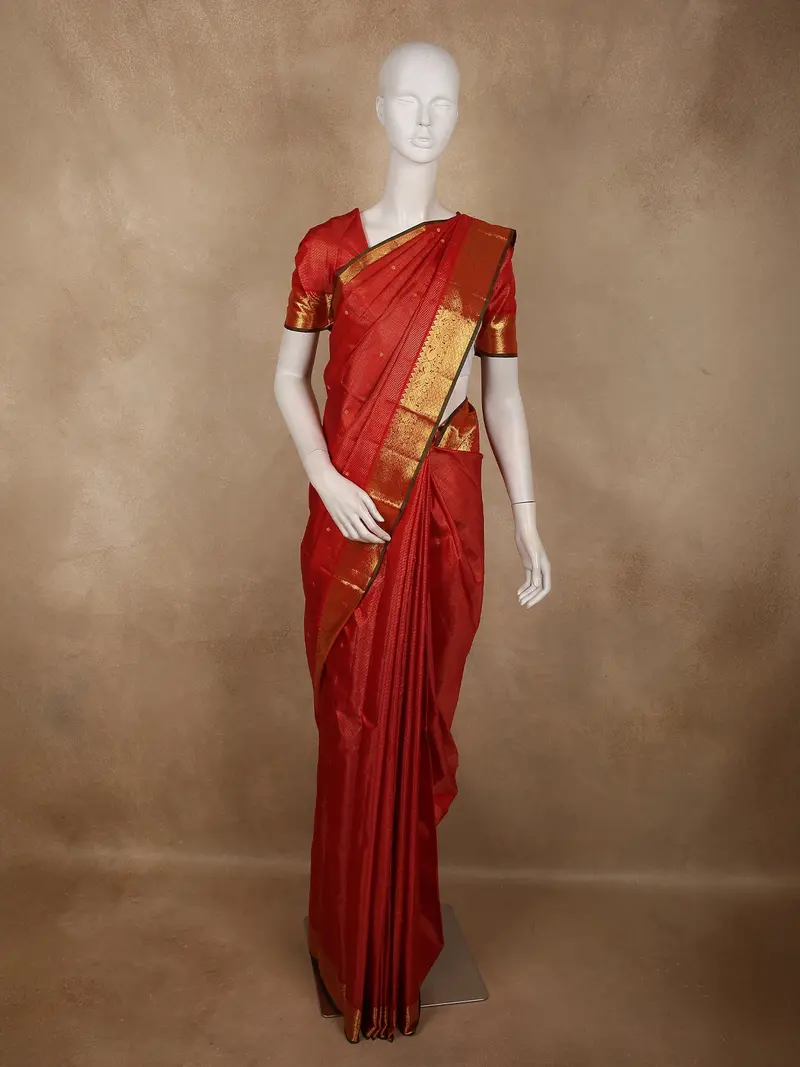 Rich Vermilion Red Butta Zari Woven Design Pure Kanchipuram Silk Saree With Peacock Zari Border 1