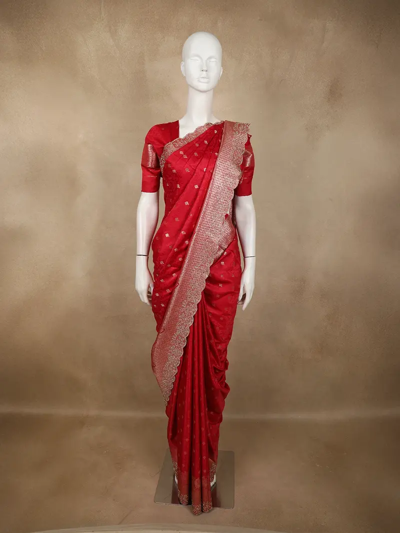 Rich Vermilion Red Butta Zari Woven Design Pure Satin Saree With Scalloped Border 1