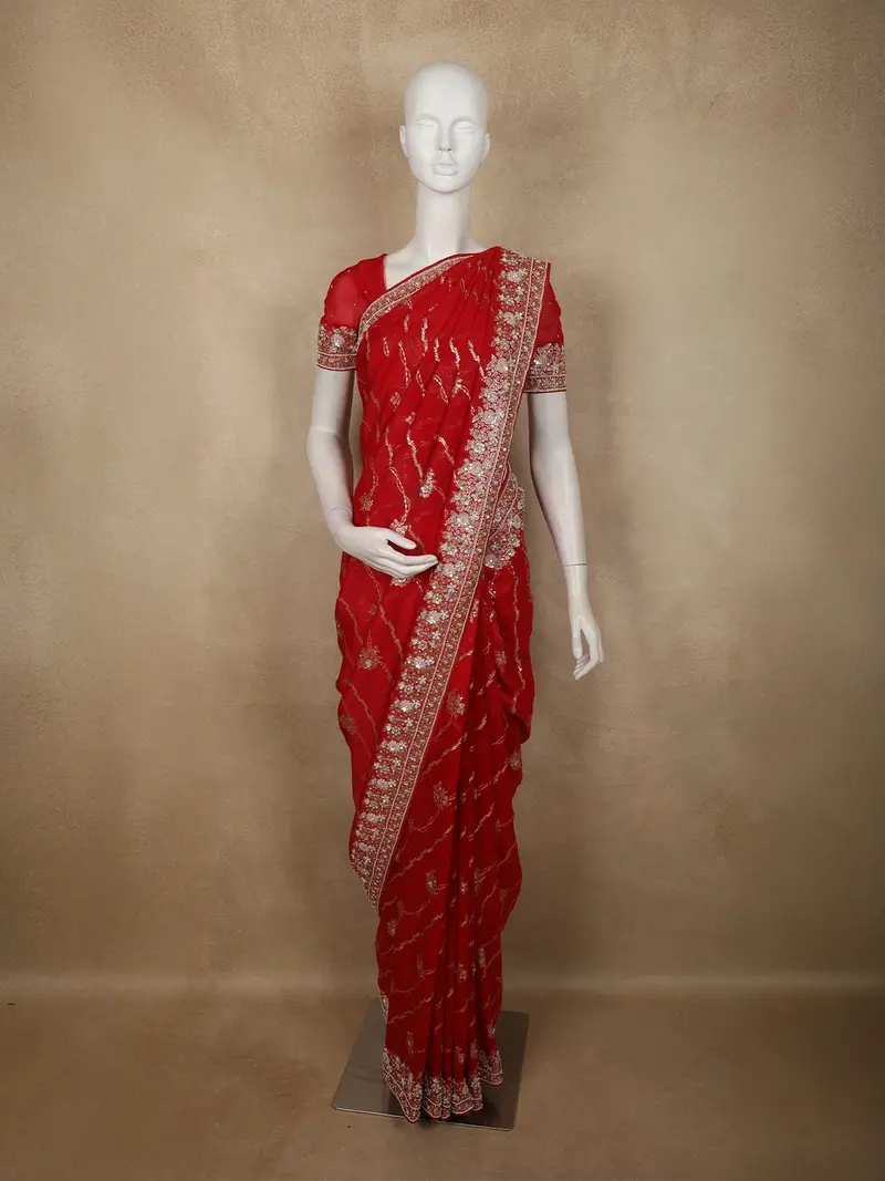 Rich Vermilion Red Diagonal Floral Embroidered Design Satin Designer Saree With Sequins Border 1