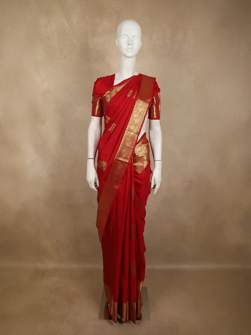 Rich Vermilion Red Floral Butta Zari Woven Design Pure Kanchipuram Silk Saree With Peacock Zari Border 1