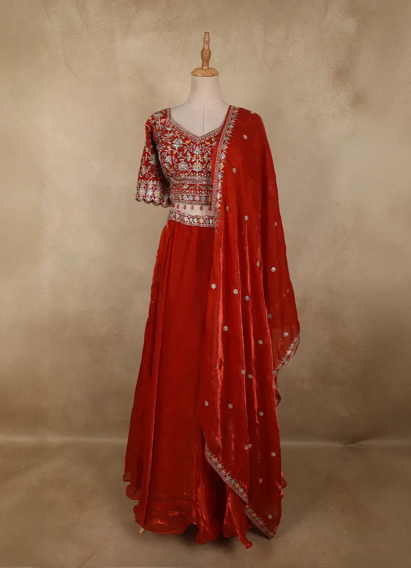 Rich Vermilion Red Floral Embroidered Design Satin Lehenga With Dupatta 1