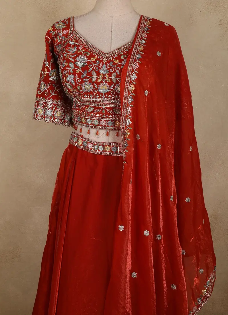 Rich Vermilion Red Floral Embroidered Design Satin Lehenga With Dupatta 2