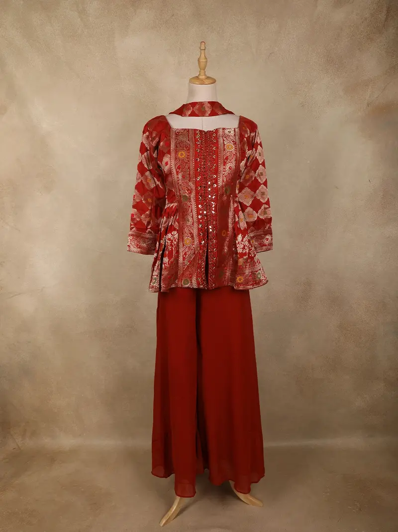 Rich Vermilion Red Floral Zari Woven Design Georgette Palazzo Suit With Dupatta 1