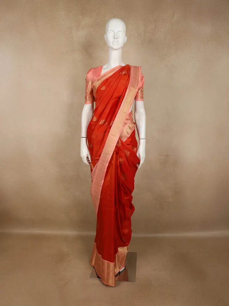 Rich Vermilion Red Floral Zari Woven Design Pure Kanchipuram Silk Saree With Contrast Border 1