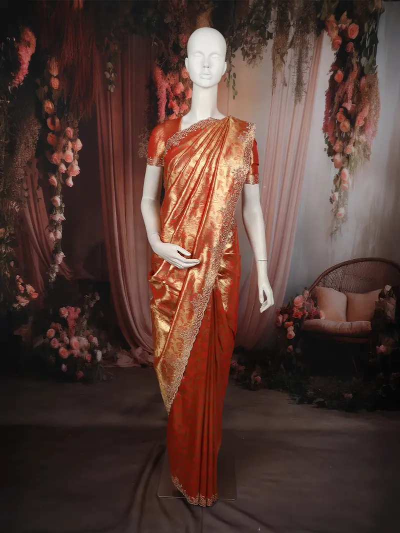 Rich Vermilion Red Floral Zari Woven Design Tissue Banarasi Saree With Scalloped Border 1