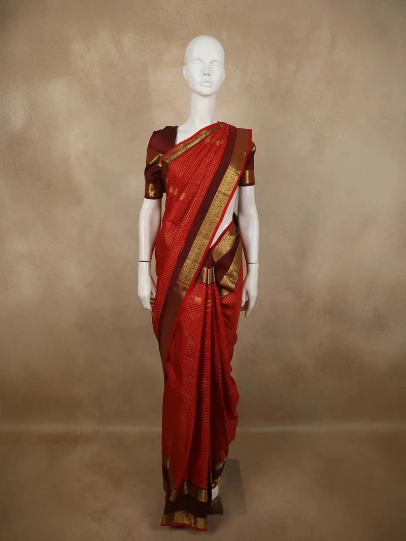 Rich Vermilion Red Mini Checked Zari Woven Design Pure Kanchipuram Silk Saree With Contrast Double Zari Border 1