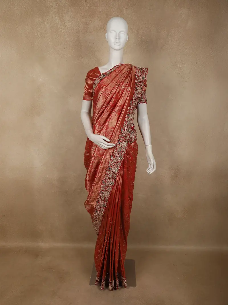 Rich Vermilion Red Paisley Woven Design Pure Banarasi Designer Saree With Embroidered Border 1