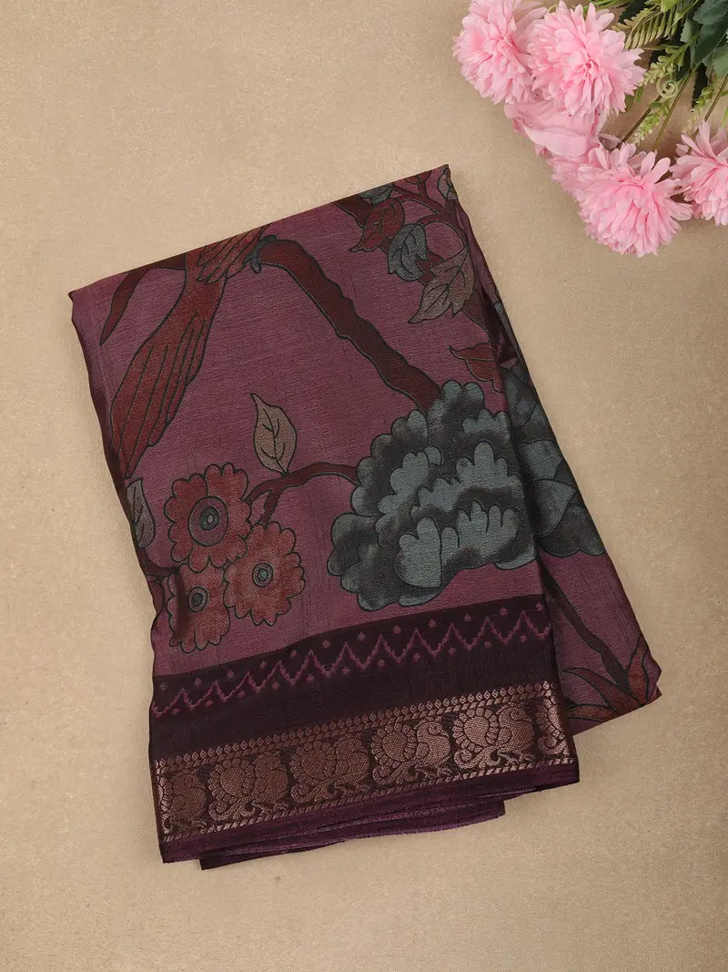 Rich Wine Floral Printed Design Mixed Cotton Saree With Peacock Zari Woven Border 1
