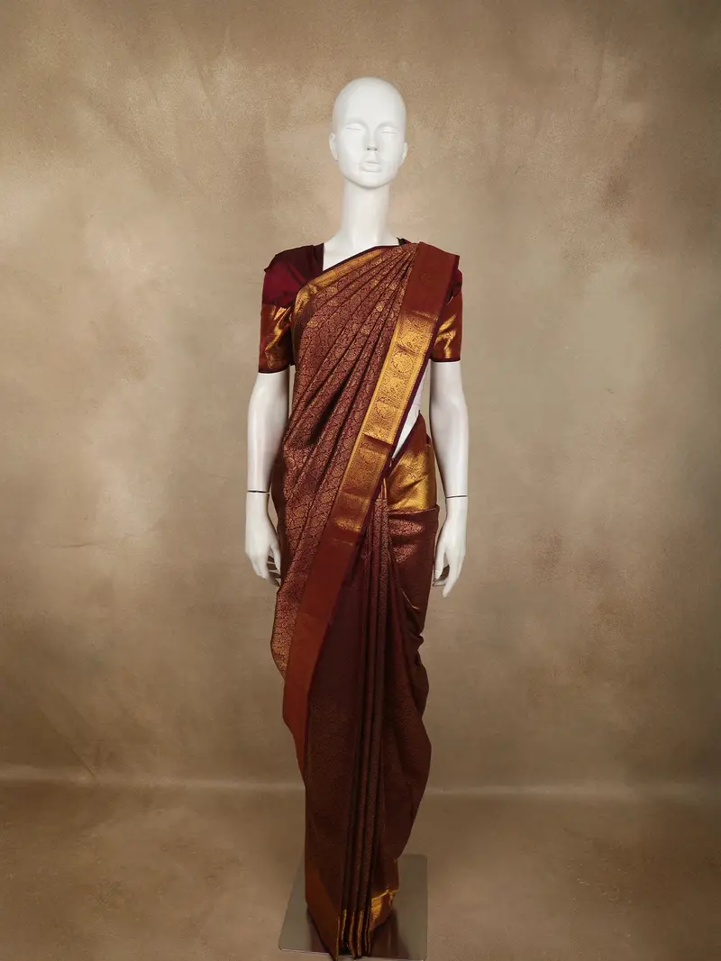 Rich Wine Maroon Floral Zari Woven Design Pure Kanchipuram Silk Saree With Zari Border 1