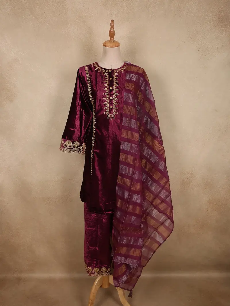 Rich Wine Maroon Paisley Zari Embroidered Design Velvet Salwar Suit With Dupatta 1